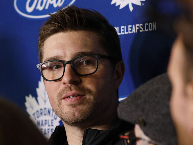 TORONTO, ON - February 9: Toronto Maple Leafs General Manager Kyle Dubas holds a briefing at the Ford Performance Centre in Toronto. Toronto Star/Lance McMillan February-9-2023 (Lance McMillan/Toronto Star via Getty Images)