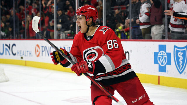 RALEIGH, NC - JANUARY 19: Carolina Hurricanes Left Wing Teuvo Teravainen (86) celebrates scoring a goal during the game between the Minnesota Wild and the Carolina Hurricanes on January 19, 2023 at PNC Arena in Raleigh, North Carolina.
