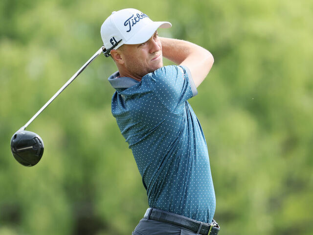 ROCHESTER, NEW YORK - MAY 15: Justin Thomas of the United States plays his shot from the ninth tee during a practice round prior to the 2023 PGA Championship at Oak Hill Country Club on May 15, 2023 in Rochester, New York.