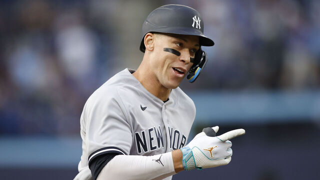 TORONTO, ON - MAY 15: Aaron Judge #99 of the New York Yankees runs out a home run in the first inning of their MLB game against the Toronto Blue Jays at Rogers Centre on May 15, 2023 in Toronto, Canada.