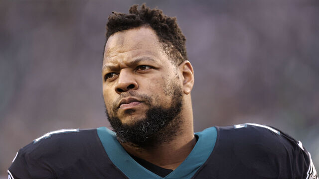 PHILADELPHIA, PENNSYLVANIA - JANUARY 08: Ndamukong Suh #74 of the Philadelphia Eagles looks on against the New York Giants at Lincoln Financial Field on January 08, 2023 in Philadelphia, Pennsylvania.
