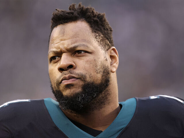 PHILADELPHIA, PENNSYLVANIA - JANUARY 08: Ndamukong Suh #74 of the Philadelphia Eagles looks on against the New York Giants at Lincoln Financial Field on January 08, 2023 in Philadelphia, Pennsylvania.