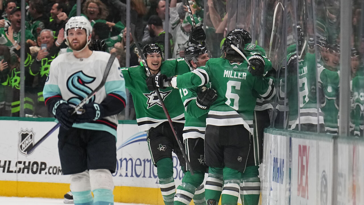 DALLAS, TX MAY 15: Jason Robertson #21, Joe Pavelski #16 and Colin Miller #6 of the Dallas Stars celebrate a goal against the Seattle Kraken in Game Seven of the Second Round of the 2023 Stanley Cup Playoffs at American Airlines Center on May 15, 2023, in Dallas, Texas
