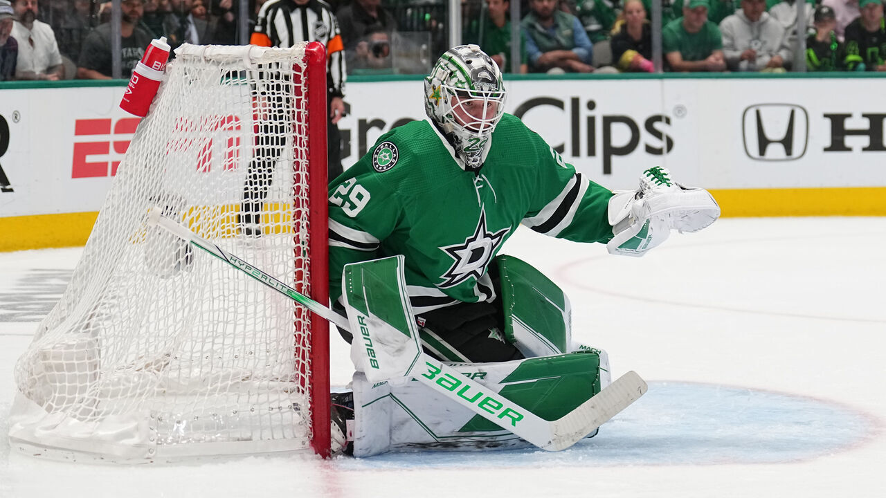DALLAS, TX MAY 15: Jake Oettinger #29 of the Dallas Stars tends goal against the Seattle Kraken in Game Seven of the Second Round of the 2023 Stanley Cup Playoffs at American Airlines Center on May 15, 2023, in Dallas, Texas