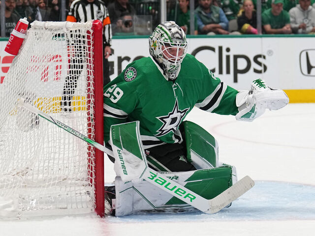 DALLAS, TX MAY 15: Jake Oettinger #29 of the Dallas Stars tends goal against the Seattle Kraken in Game Seven of the Second Round of the 2023 Stanley Cup Playoffs at American Airlines Center on May 15, 2023, in Dallas, Texas