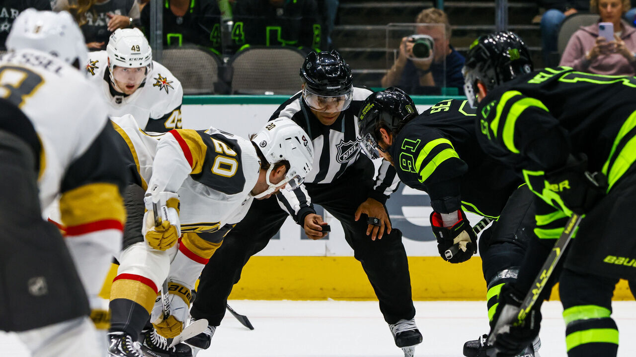 DALLAS, TX - APRIL 08: Vegas Golden Knights center Chandler Stephenson (20) and Dallas Stars center Tyler Seguin (91) face-off during the game between the Dallas Stars and the Vegas Golden Knights on April 8, 2023 at American Airlines Center in Dallas, Texas.