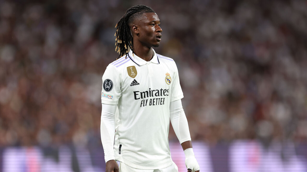 MADRID, SPAIN - MAY 09: Eduardo Camavinga of Real Madrid looks on during the UEFA Champions League semi-final first leg match between Real Madrid and Manchester City FC at Estadio Santiago Bernabeu on May 09, 2023 in Madrid, Spain.