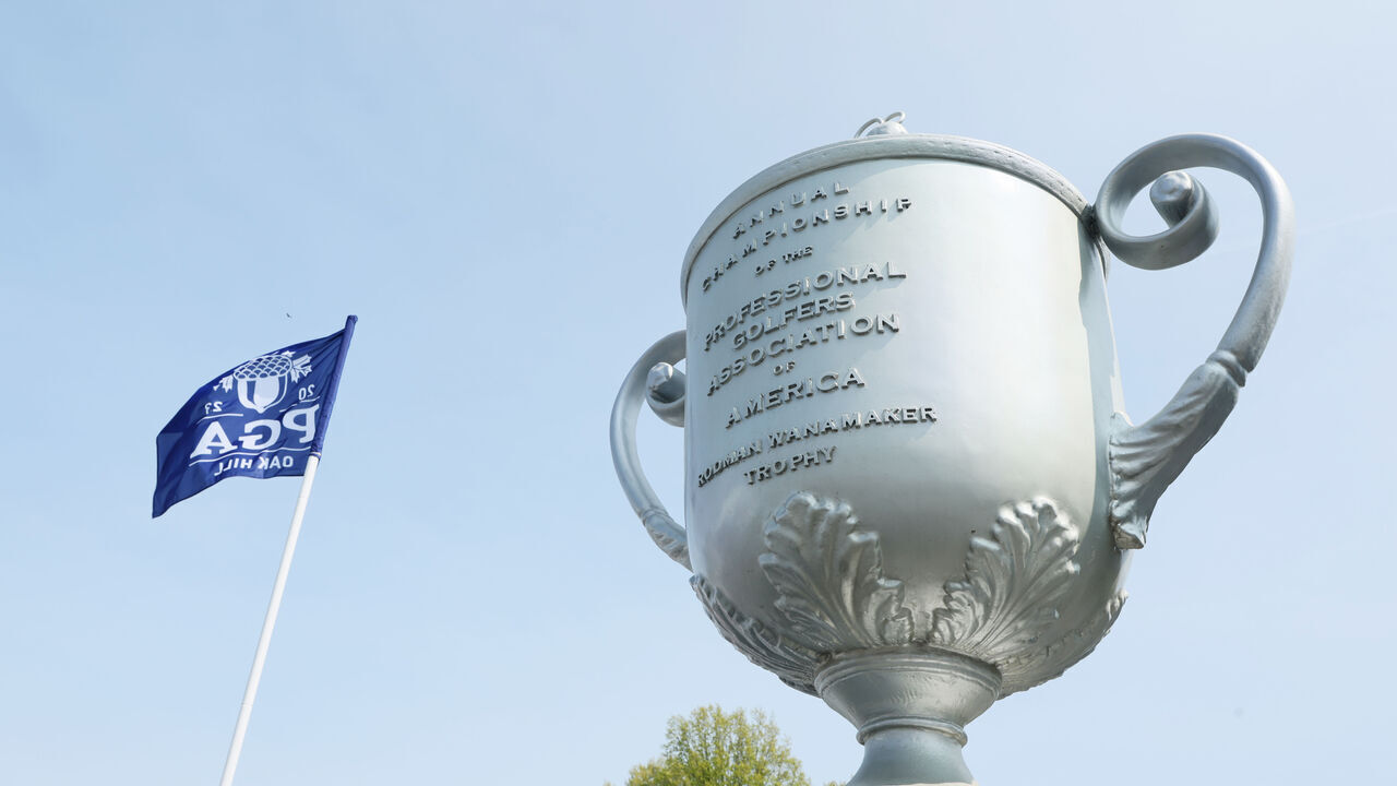 ROCHESTER, NEW YORK - MAY 15: The Wanamaker Trophy is seen during a practice round prior to the 2023 PGA Championship at Oak Hill Country Club on May 15, 2023 in Rochester, New York.