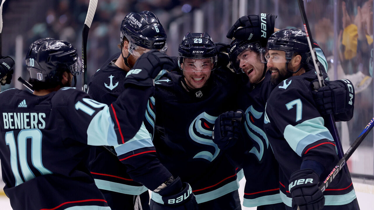 SEATTLE, WASHINGTON - MAY 13: Adam Larsson #6, Matty Beniers #10, Vince Dunn #29, Tye Kartye #52 and Jordan Eberle #7 of the Seattle Kraken celebrate a goal by Kartye against the Dallas Stars during the second period in Game Six of the Second Round of the 2023 Stanley Cup Playoffs at Climate Pledge Arena on May 13, 2023 in Seattle, Washington.