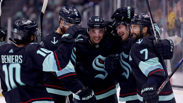 SEATTLE, WASHINGTON - MAY 13: Adam Larsson #6, Matty Beniers #10, Vince Dunn #29, Tye Kartye #52 and Jordan Eberle #7 of the Seattle Kraken celebrate a goal by Kartye against the Dallas Stars during the second period in Game Six of the Second Round of the 2023 Stanley Cup Playoffs at Climate Pledge Arena on May 13, 2023 in Seattle, Washington.