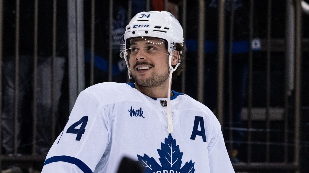 NEW YORK, NEW YORK - DECEMBER 15: Auston Matthews #34 of the Toronto Maple Leafs smiles prior to the game against the New York Rangers at Madison Square Garden on December 15, 2022 in New York City.