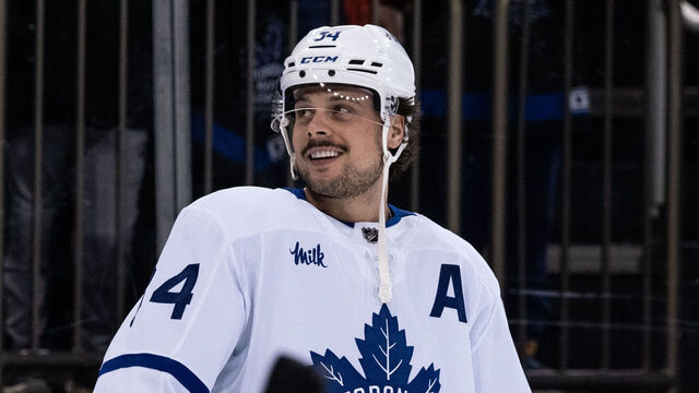 NEW YORK, NEW YORK - DECEMBER 15: Auston Matthews #34 of the Toronto Maple Leafs smiles prior to the game against the New York Rangers at Madison Square Garden on December 15, 2022 in New York City.