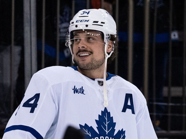 NEW YORK, NEW YORK - DECEMBER 15: Auston Matthews #34 of the Toronto Maple Leafs smiles prior to the game against the New York Rangers at Madison Square Garden on December 15, 2022 in New York City.
