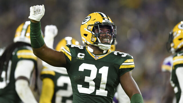 GREEN BAY, WISCONSIN - JANUARY 01: Adrian Amos #31 of the Green Bay Packers reacts to a missed field goal by the Minnesota Vikings during the first half at Lambeau Field on January 01, 2023 in Green Bay, Wisconsin.