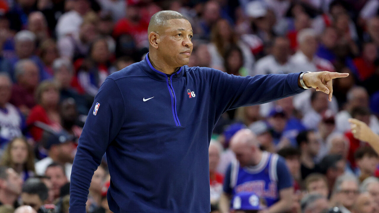 PHILADELPHIA, PENNSYLVANIA - MAY 11: Head Coach Doc Rivers of the Philadelphia 76ers points against the Boston Celtics during the first quarter in game six of the Eastern Conference Semifinals in the 2023 NBA Playoffs at Wells Fargo Center on May 11, 2023 in Philadelphia, Pennsylvania.