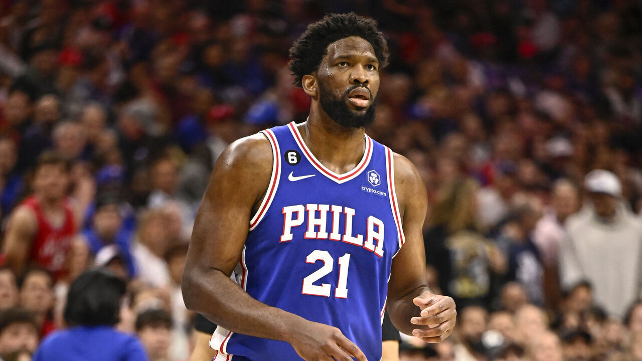 PHILADELPHIA, PA - MAY 11: Joel Embiid #21 of the Philadelphia 76ers looks on during the game during round two game six of the 2023 NBA Playoffs on on May 11, 2023 at the Wells Fargo Center in Philadelphia, Pennsylvania NOTE TO USER: User expressly acknowledges and agrees that, by downloading and/or using this Photograph, user is consenting to the terms and conditions of the Getty Images License Agreement. Mandatory Copyright Notice: Copyright 2023 NBAE