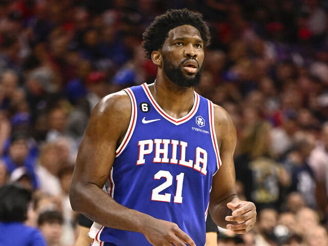 PHILADELPHIA, PA - MAY 11: Joel Embiid #21 of the Philadelphia 76ers looks on during the game during round two game six of the 2023 NBA Playoffs on on May 11, 2023 at the Wells Fargo Center in Philadelphia, Pennsylvania NOTE TO USER: User expressly acknowledges and agrees that, by downloading and/or using this Photograph, user is consenting to the terms and conditions of the Getty Images License Agreement. Mandatory Copyright Notice: Copyright 2023 NBAE