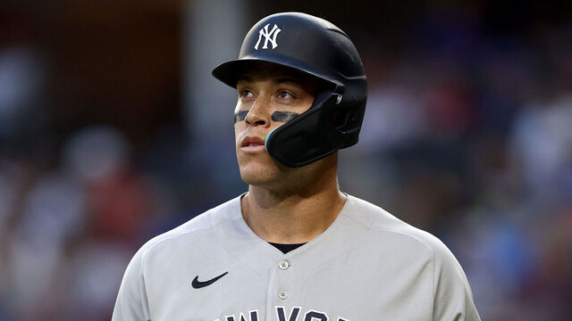 ARLINGTON, TEXAS - APRIL 27: Aaron Judge #99 of the New York Yankees reacts after striking out against the Texas Rangers in the top of the second inning at Globe Life Field on April 27, 2023 in Arlington, Texas.