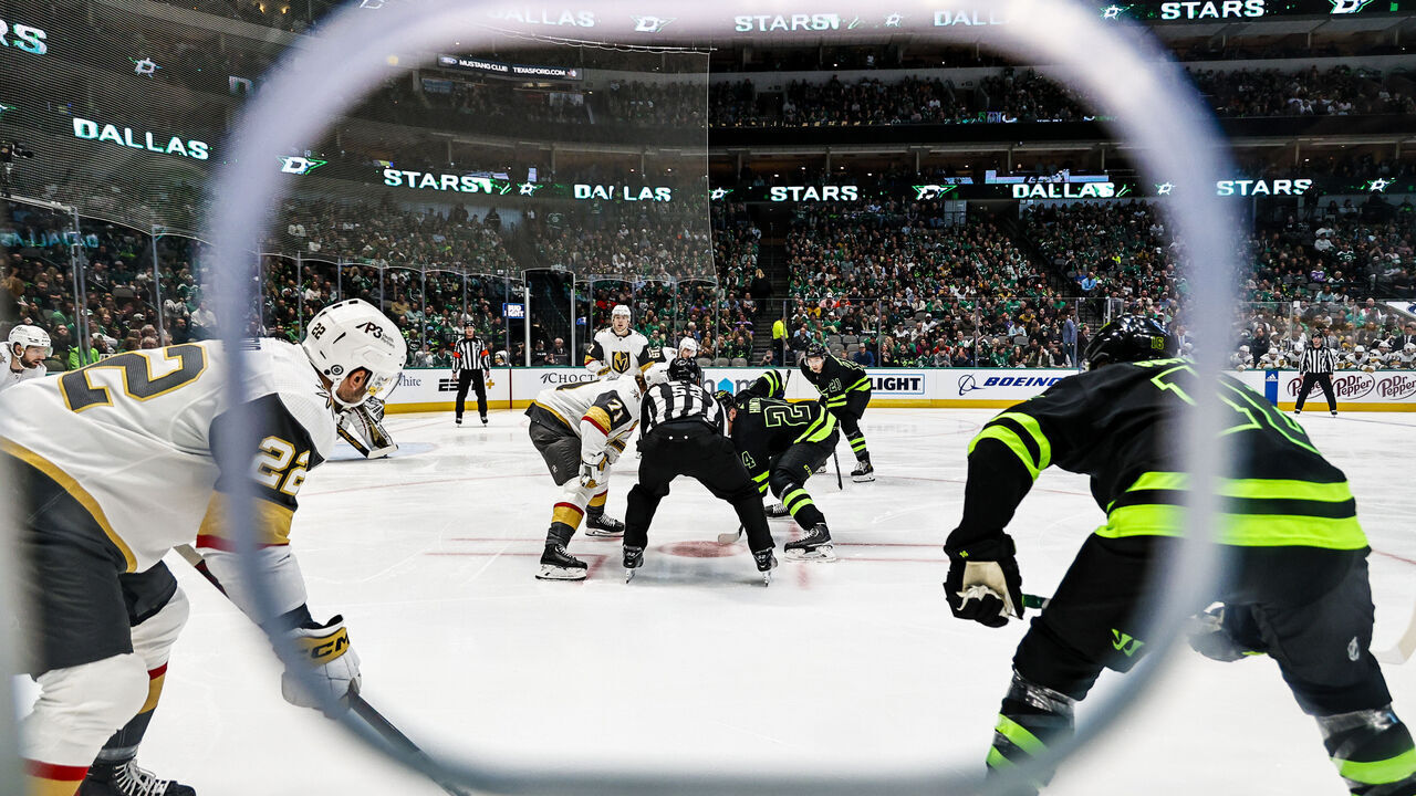 DALLAS, TX - APRIL 08: Vegas Golden Knights center William Karlsson (71) and Dallas Stars center Roope Hintz (24) wait for the face-off during the game between the Dallas Stars and the Vegas Golden Knights on April 8, 2023 at American Airlines Center in Dallas, Texas.