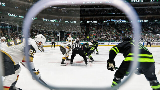 DALLAS, TX - APRIL 08: Vegas Golden Knights center William Karlsson (71) and Dallas Stars center Roope Hintz (24) wait for the face-off during the game between the Dallas Stars and the Vegas Golden Knights on April 8, 2023 at American Airlines Center in Dallas, Texas.