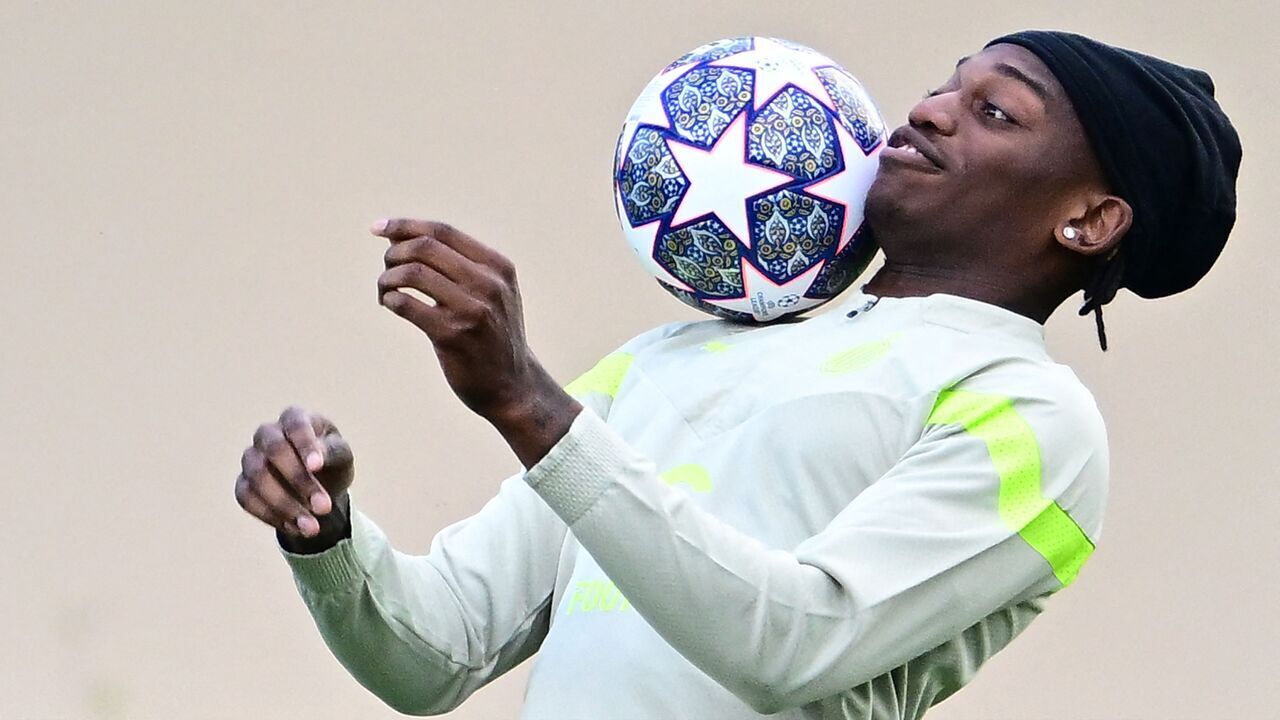 AC Milan's Portuguese forward Rafael Leao chest controls the ball during a training session on May 15, 2023 at the Milanello Sports Center in Carnago, northwest of Milan, on the eve of the UEFA Champions' League semi-final second leg football match between Inter Milan and AC Milan.