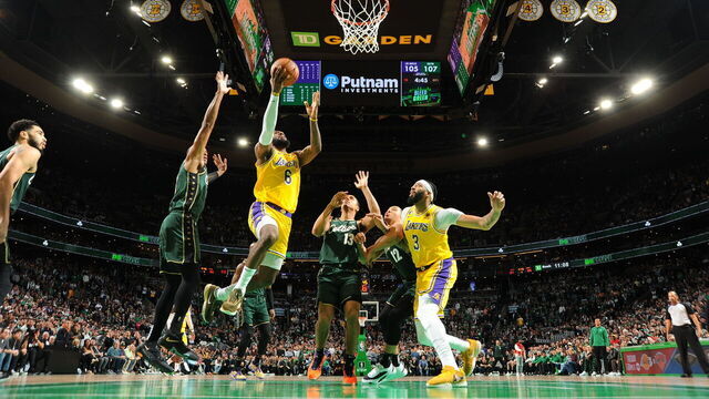 BOSTON, MA - JANUARY 28: LeBron James #6 of the Los Angeles Lakers drives to the basket during the game against the Boston Celtics on January 28, 2023 at the TD Garden in Boston, Massachusetts. Mandatory Copyright Notice: Copyright 2023 NBAE