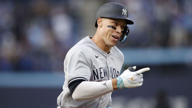 TORONTO, ON - MAY 15: Aaron Judge #99 of the New York Yankees runs out a home run in the first inning of their MLB game against the Toronto Blue Jays at Rogers Centre on May 15, 2023 in Toronto, Canada.