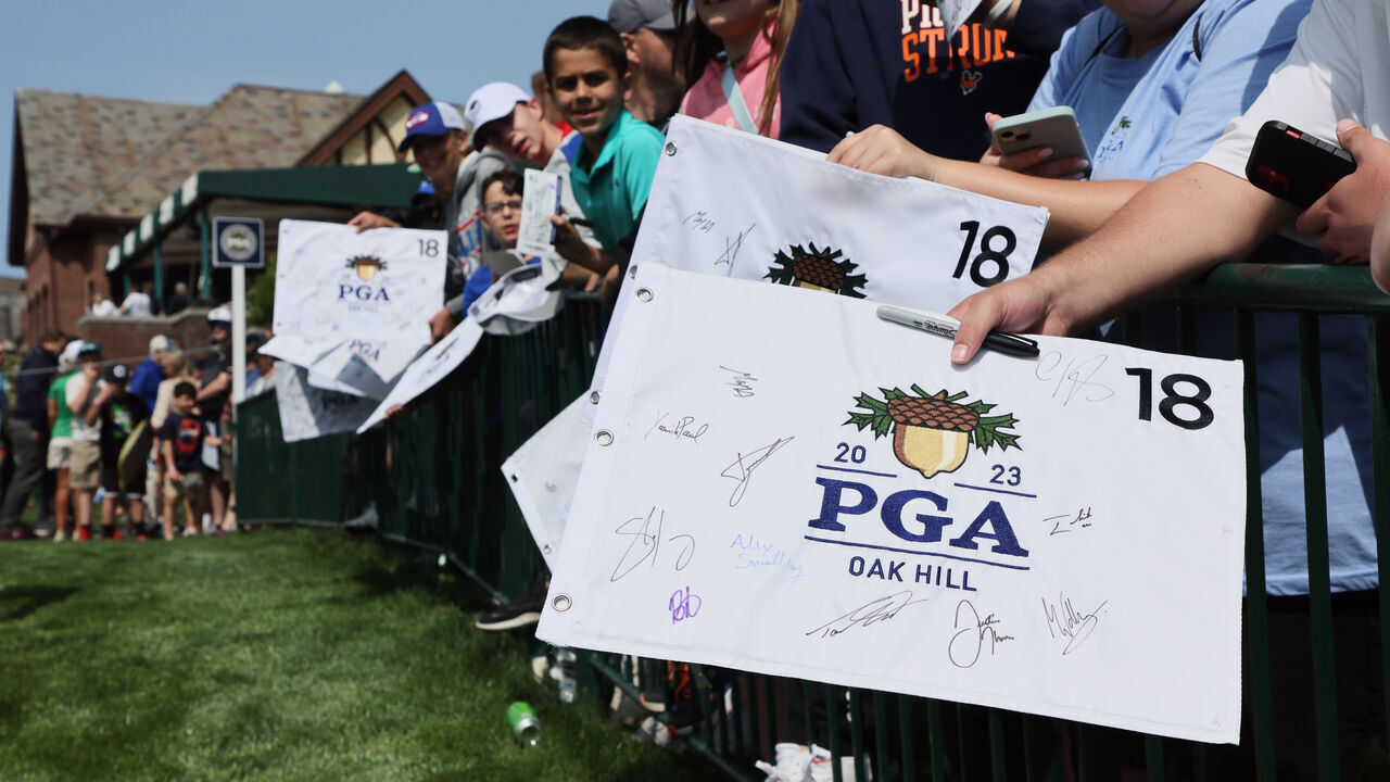 ROCHESTER, NEW YORK - MAY 15: Fans wait for players to sign autographs during a practice round prior to the 2023 PGA Championship at Oak Hill Country Club on May 15, 2023 in Rochester, New York.