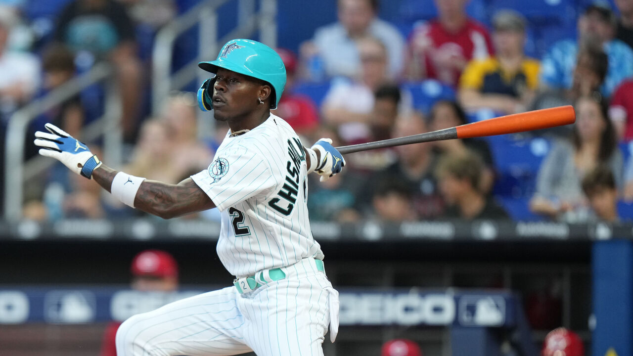 MIAMI, FL - MAY 12: Miami Marlins center fielder Jazz Chisholm Jr. (2) connects for a single during the game between the Cincinnati Reds and the Miami Marlins on Friday, May 12, 2023 at LoanDepot Park, Miami, Fla.