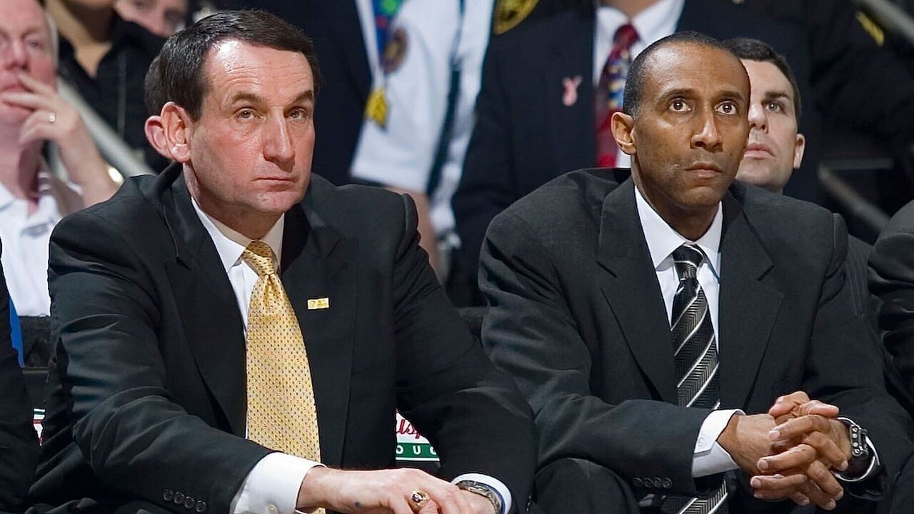 WINSTON-SALEM, NC - FEBRUARY 17: Steve Wojciechowski, Mike Krzyzewski and Johnny Dawkins can only sit and watch as their Duke Blue Devils fell to the Wake Forest Demon Deacons 96-73 at the LJVM Coliseum on February 17, 2008 in Winston-Salem, North Carolina.