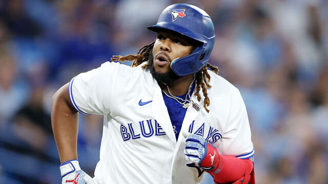 TORONTO, ON - MAY 12: Vladimir Guerrero Jr. #27 of the Toronto Blue Jays runs to first base against the Atlanta Braves at Rogers Centre on May 12, 2023 in Toronto, Ontario, Canada.