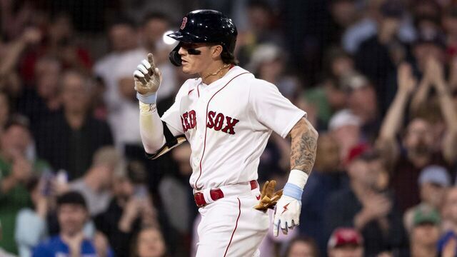 BOSTON, MA - MAY 16: Jarren Duran #16 of the Boston Red Sox reacts after hitting a two-run home run during the fifth inning of a game against the Seattle Mariners on May 16, 2023 at Fenway Park in Boston, Massachusetts.