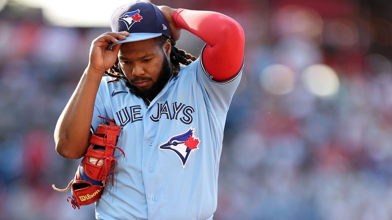 PHILADELPHIA, PENNSYLVANIA - MAY 10: Vladimir Guerrero Jr. #27 of the Toronto Blue Jays reacts during the eighth inning against the Philadelphia Phillies at Citizens Bank Park on May 10, 2023 in Philadelphia, Pennsylvania.