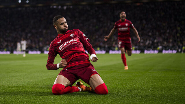 ALLIANZ STADIUM, TURIN, ITALY - 2023/05/11: Youssef En-Nesyri of Sevilla FC celebrates after scoring the opening goal during the UEFA Europa League semifinal first leg football match between Juventus FC and Sevilla FC. The match ended 1-1 tie.