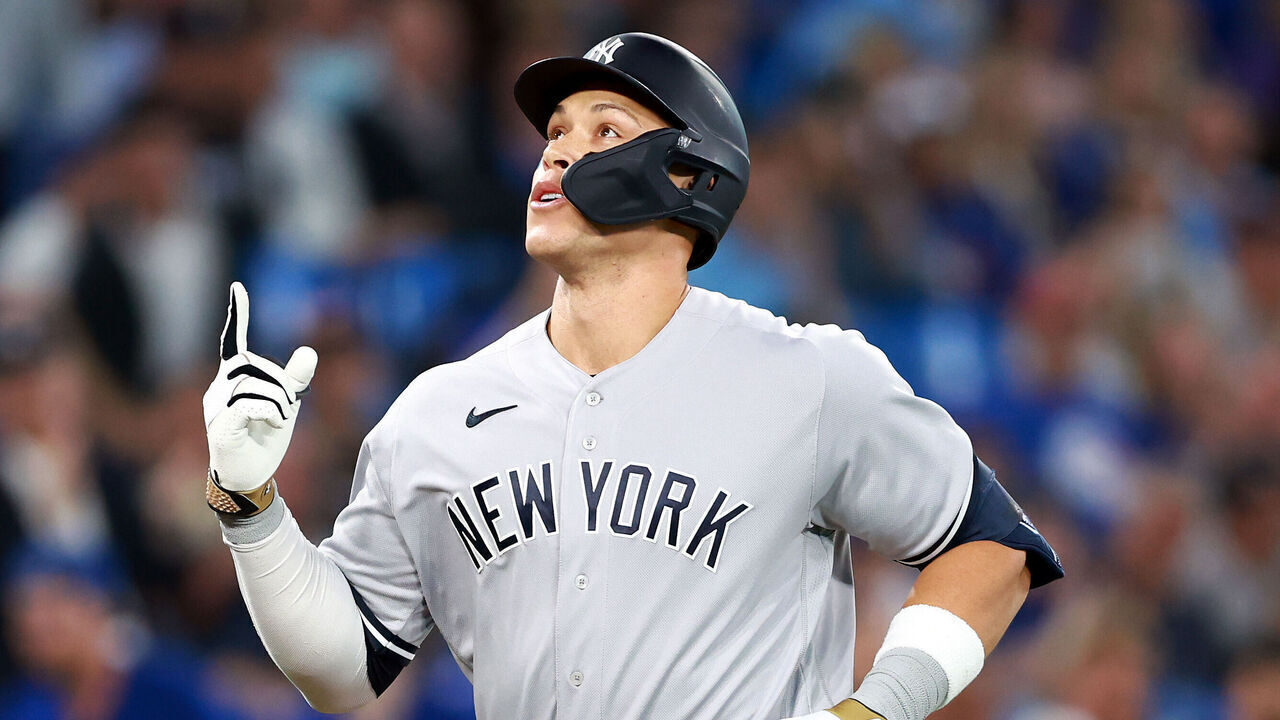 TORONTO, ON - MAY 16: Aaron Judge #99 of the New York Yankees celebrates after hitting a home run in the eighth inning against the Toronto Blue Jays at Rogers Centre on May 16, 2023 in Toronto, Ontario, Canada.