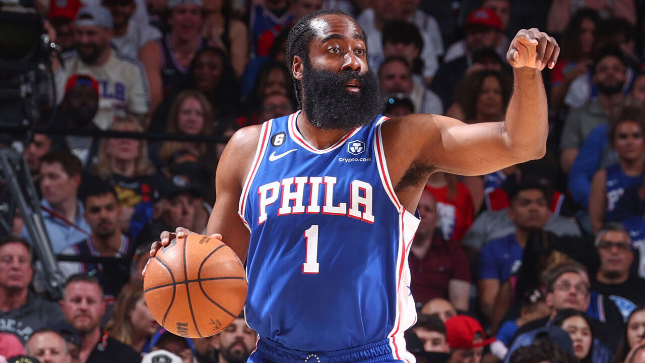 PHILADELPHIA, PA - MAY 11: James Harden #1 of the Philadelphia 76ers goes to the basket during the game during round two game six of the 2023 NBA Playoffs on on May 11, 2023 at the Wells Fargo Center in Philadelphia, Pennsylvania NOTE TO USER: User expressly acknowledges and agrees that, by downloading and/or using this Photograph, user is consenting to the terms and conditions of the Getty Images License Agreement. Mandatory Copyright Notice: Copyright 2023 NBAE