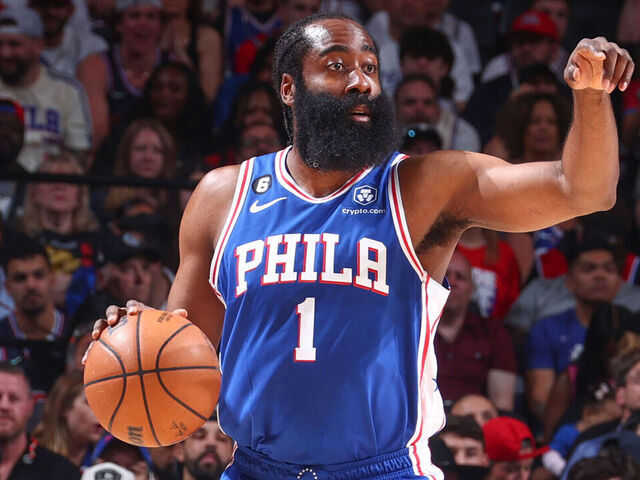 PHILADELPHIA, PA - MAY 11: James Harden #1 of the Philadelphia 76ers goes to the basket during the game during round two game six of the 2023 NBA Playoffs on on May 11, 2023 at the Wells Fargo Center in Philadelphia, Pennsylvania NOTE TO USER: User expressly acknowledges and agrees that, by downloading and/or using this Photograph, user is consenting to the terms and conditions of the Getty Images License Agreement. Mandatory Copyright Notice: Copyright 2023 NBAE