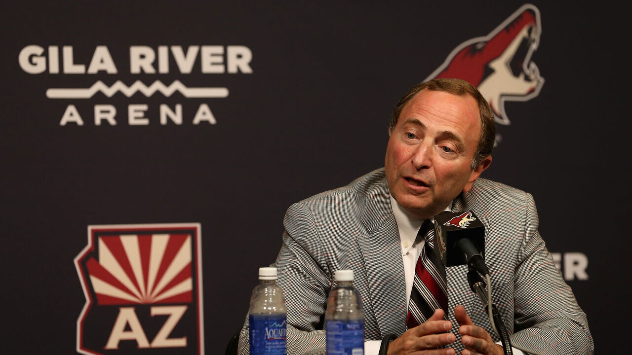 GLENDALE, AZ - OCTOBER 09: NHL commissioner Gary Bettman speaks at a press conference before the NHL game between the Arizona Coyotes and the Winnipeg Jets at Gila River Arena on October 9, 2014 in Glendale, Arizona.