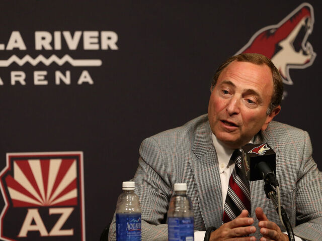 GLENDALE, AZ - OCTOBER 09: NHL commissioner Gary Bettman speaks at a press conference before the NHL game between the Arizona Coyotes and the Winnipeg Jets at Gila River Arena on October 9, 2014 in Glendale, Arizona.