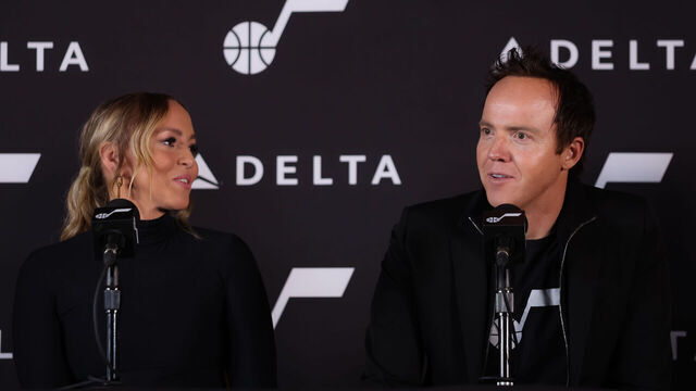 SALT LAKE CITY, UT - JANUARY 14: Ryan and Ashley Smith Owners of the Utah Jazz and Ed Bastian CEO of Delta announce the return of the naming rights agreement and long term partnership to Delta Arena at vivint.SmartHome Arena on January 14, 2023 in Salt Lake City, Utah. Mandatory Copyright Notice: Copyright 2023 NBAE