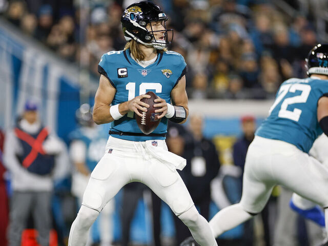 JACKSONVILLE, FL - JANUARY 14: Jacksonville Jaguars quarterback Trevor Lawrence (16) throws a pass during the game between the Los Angeles Chargers and the Jacksonville Jaguars on January 14, 2023 at TIAA Bank Field in Jacksonville, Fl.