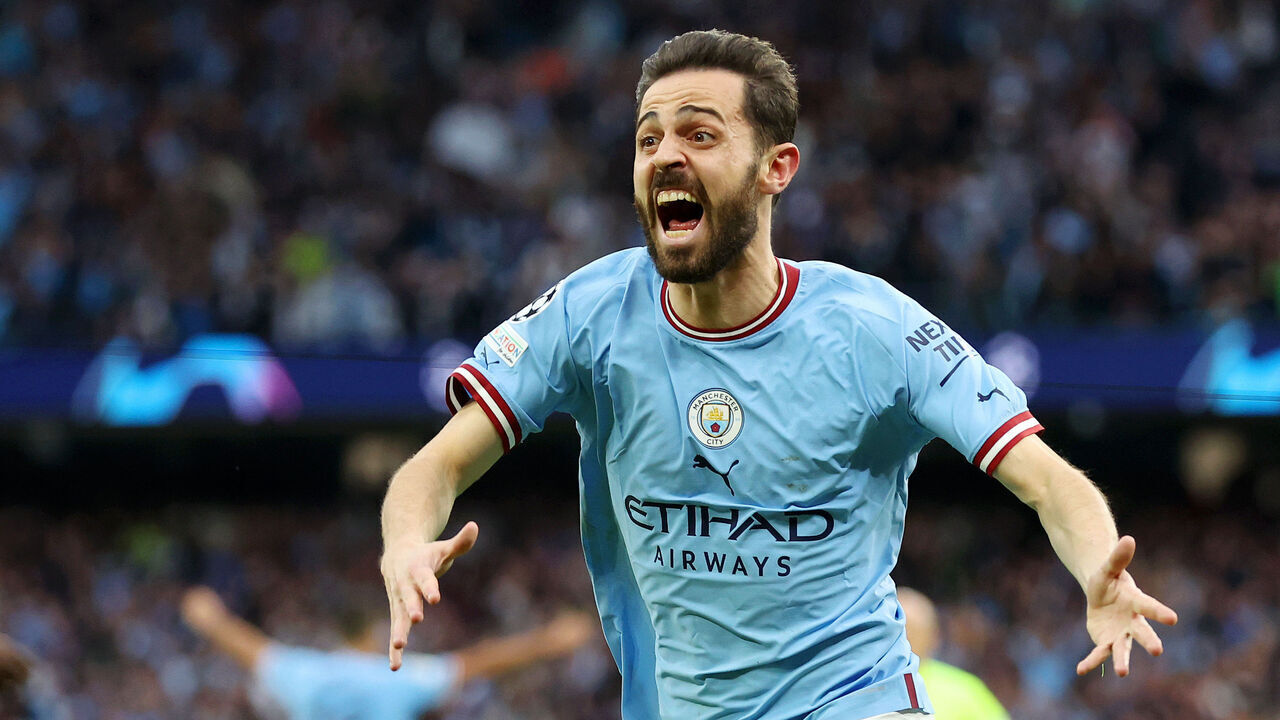 MANCHESTER, ENGLAND - MAY 17: Bernardo Silva of Manchester City celebrates after scoring the team's first goal during the UEFA Champions League semi-final second leg match between Manchester City FC and Real Madrid at Etihad Stadium on May 17, 2023 in Manchester, England.