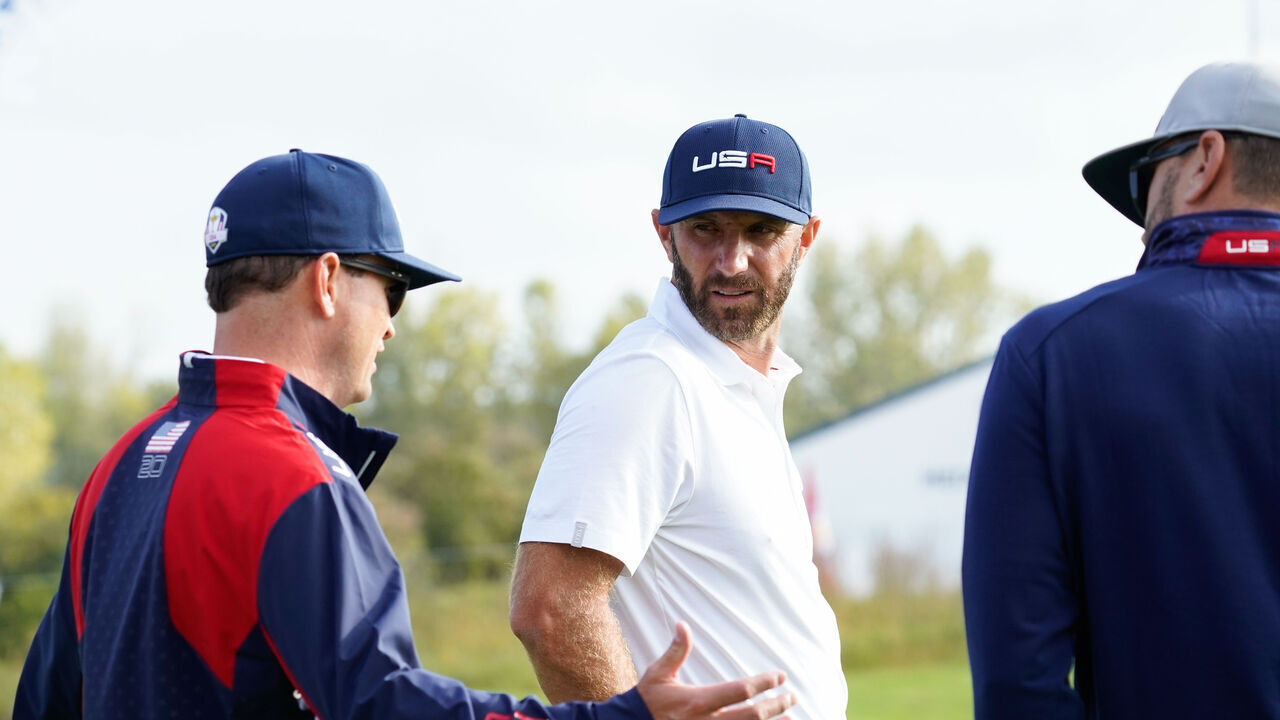 KOHLER, WI - SEPTEMBER 20: The United States Vice-Captain, Zach Johnson and Dustin Johnson of the United States during the 2020 Ryder Cup at Whistling Straits on September 20, 2021 in Kohler, WI.