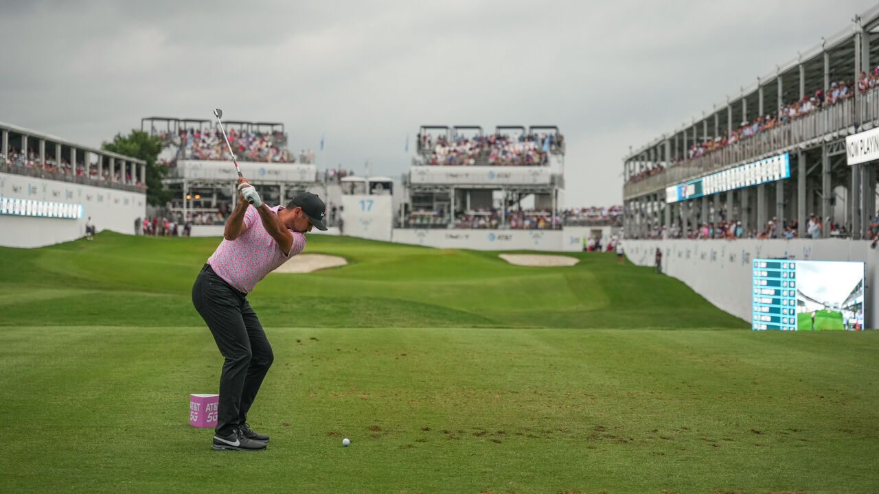 MCKINNEY, TX - MAY 14: Jason Day of Australia watches his tee shot on hole #17 during the Final Round of the AT&T Byron Nelson at TPC Craig Ranch on May 14, 2023 in McKinney, Texas. .