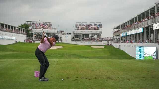 MCKINNEY, TX - MAY 14: Jason Day of Australia watches his tee shot on hole #17 during the Final Round of the AT&T Byron Nelson at TPC Craig Ranch on May 14, 2023 in McKinney, Texas. .
