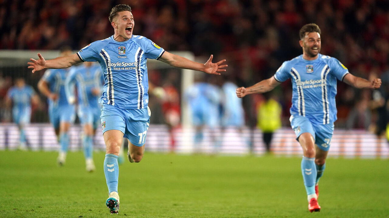 Coventry City's Viktor Gyokores (left) and Matthew Godden celebrate getting to the play-off final following the Sky Bet Championship play-off semi-final second leg match at Riverside Stadium, Middlesbrough. Picture date: Wednesday May 17, 2023.