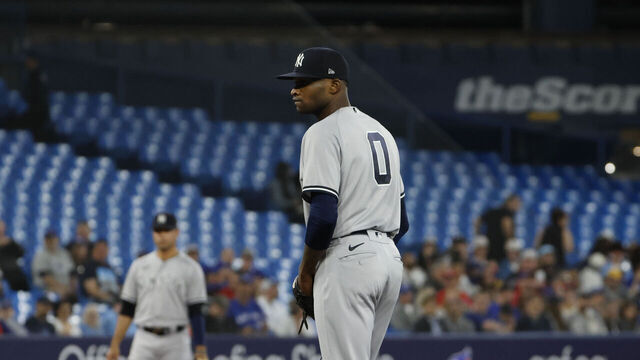 TORONTO, ON - May 16 - New York Yankees starting pitcher Domingo German (0) is pictured during first inning action against the New York Yankees in Toronto. Lance McMillan/Toronto Star May-16-2023 (Lance McMillan/Toronto Star via Getty Images)