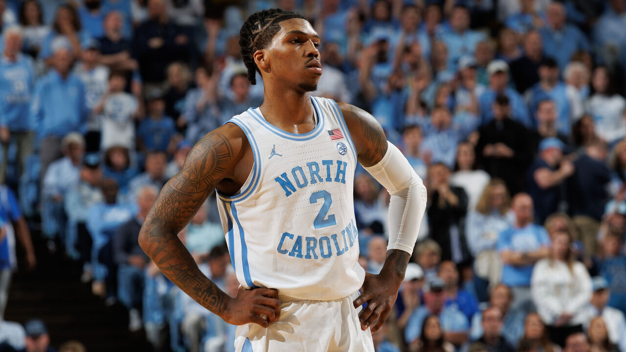 CHAPEL HILL, NC - MARCH 04: Caleb Love #2 of the North Carolina Tar Heels looks on during a game against the Duke Blue Devils on March 04, 2023 at the Dean Smith Center in Chapel Hill, North Carolina. Duke won 62-57.