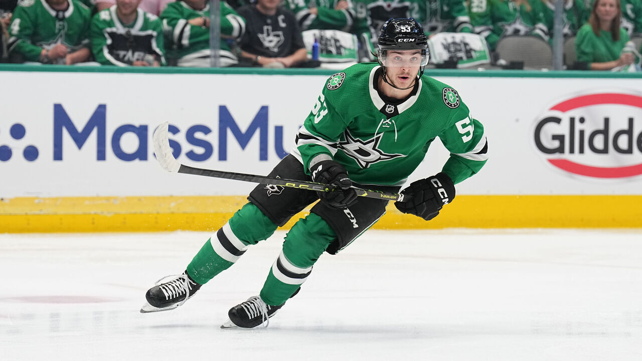 DALLAS, TX MAY 11: Wyatt Johnston #53 of the Dallas Stars skates against the Seattle Kraken in Game Five of the Second Round of the 2023 Stanley Cup Playoffs at American Airlines Center on May 11, 2023, in Dallas, Texas