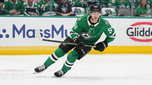 DALLAS, TX MAY 11: Wyatt Johnston #53 of the Dallas Stars skates against the Seattle Kraken in Game Five of the Second Round of the 2023 Stanley Cup Playoffs at American Airlines Center on May 11, 2023, in Dallas, Texas
